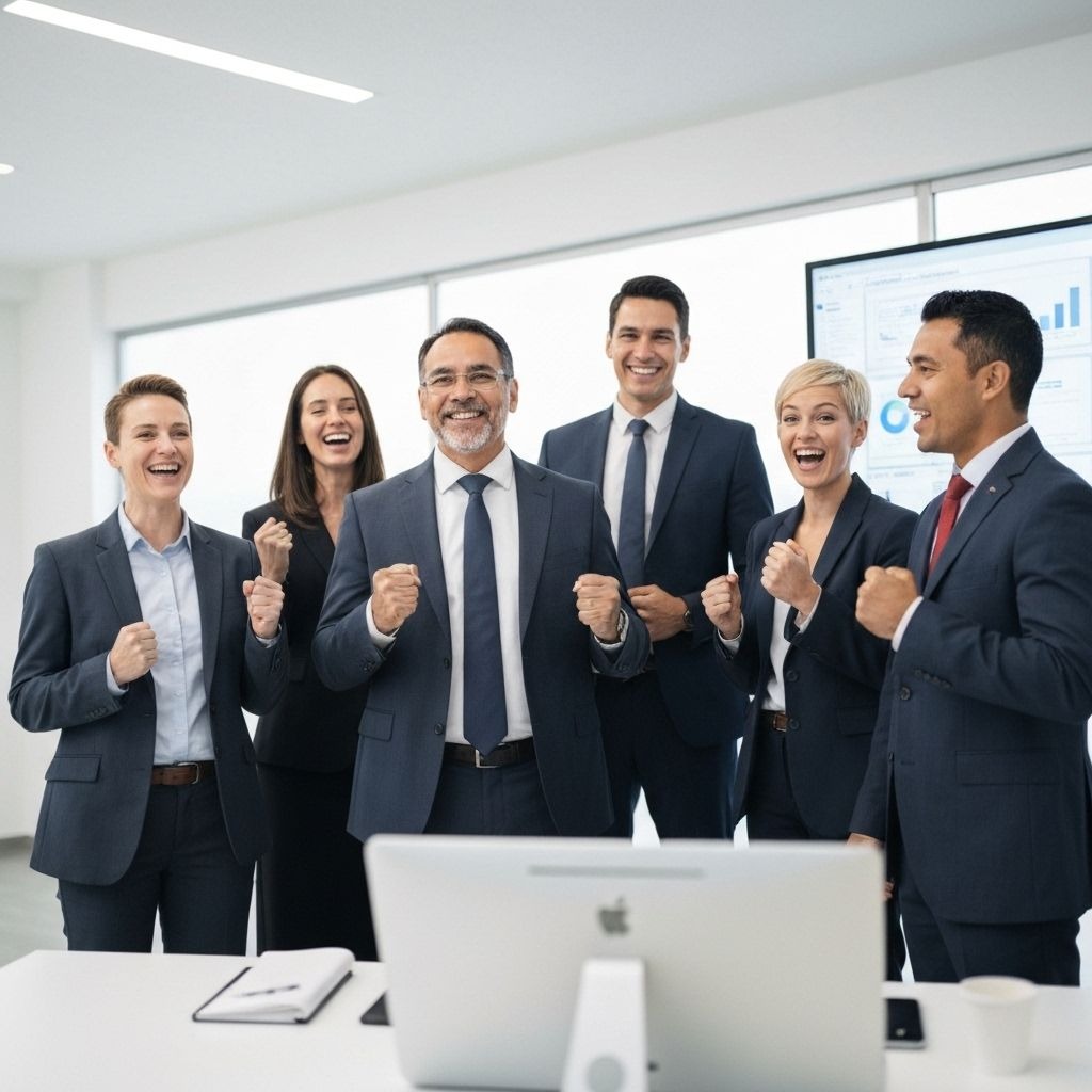 Equipe da empresa comemorando resultado positivo