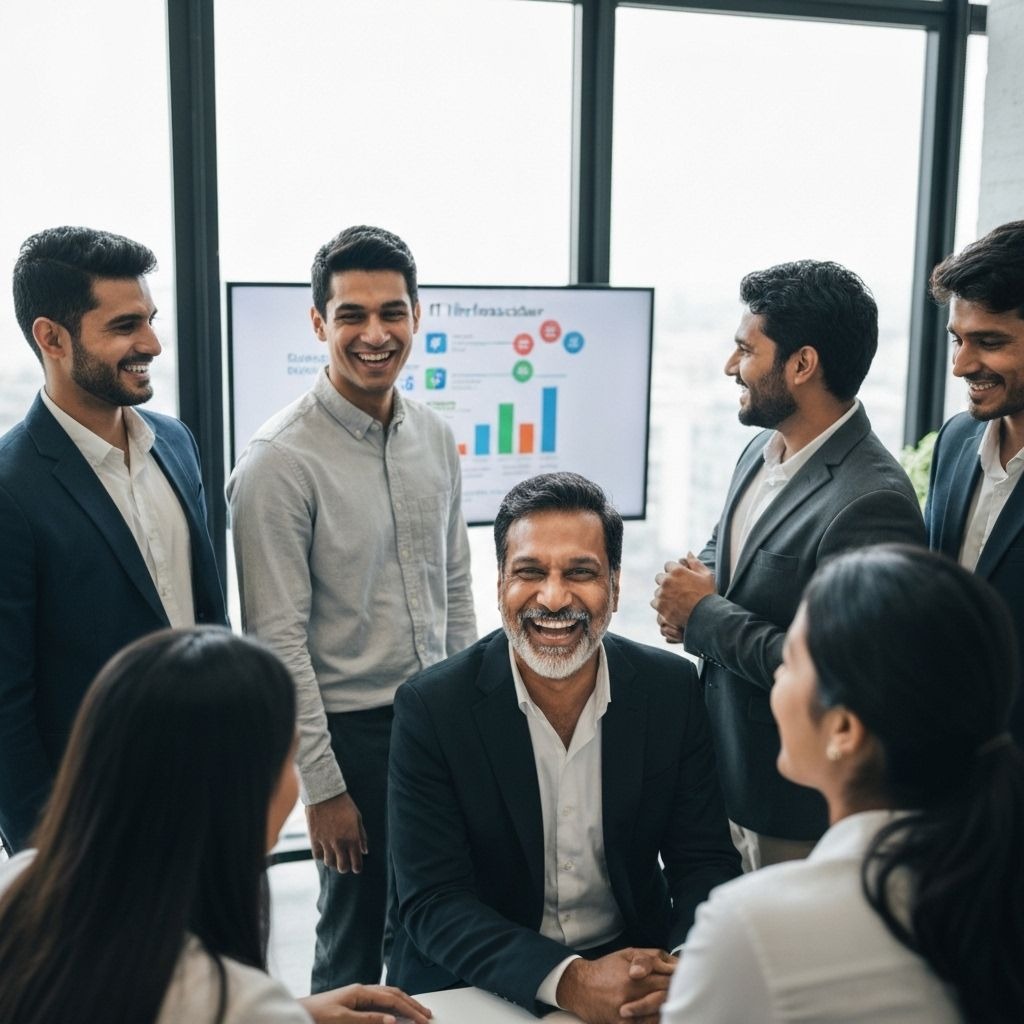 Equipe da Leader reunida em reunião, sorrindo e alinhando resultados